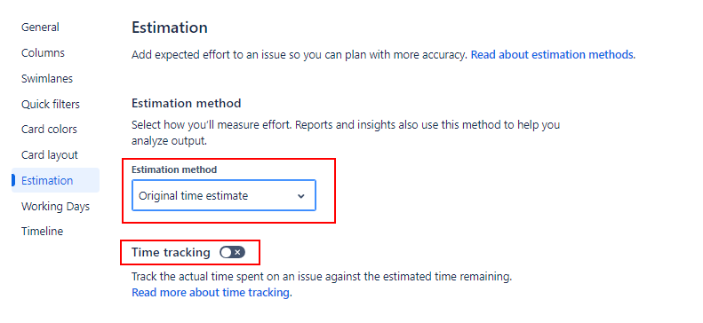 Board Config Set to Track Original Time Estimate