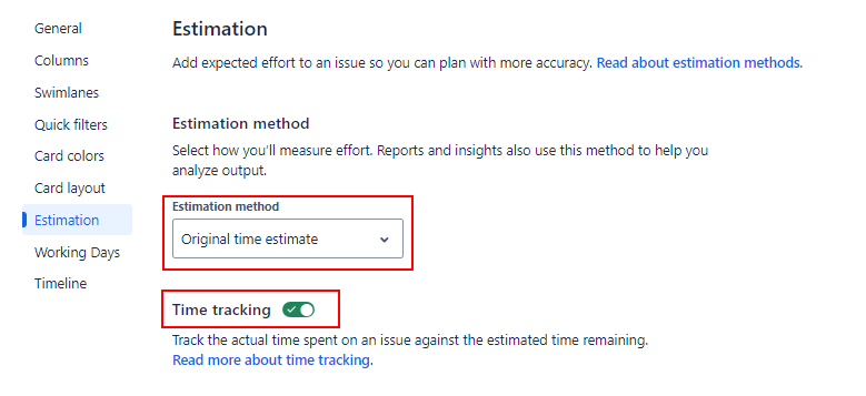 Board Config Set to Track Original Time Estimate